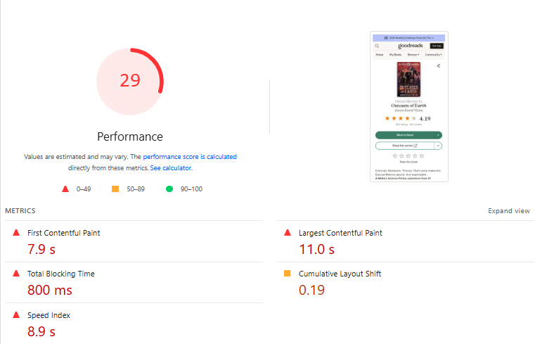 Mobile performance score of 29 before optimization