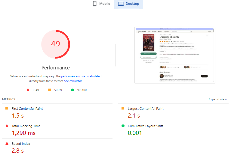 Desktop performance score of 49 before optimization