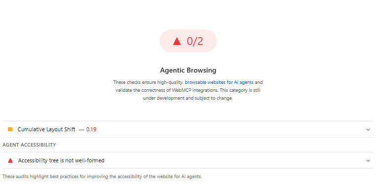 Agentic browsing readiness. 0/2 checks passing